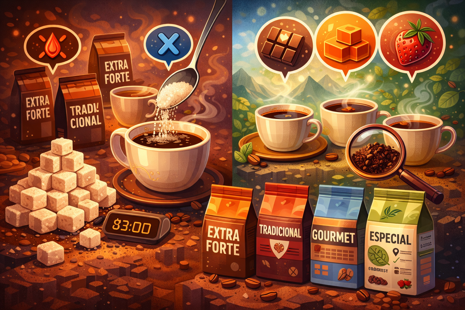 Açúcar no café: item situacional + tipos de café (tradicional a especial) e notas sensoriais